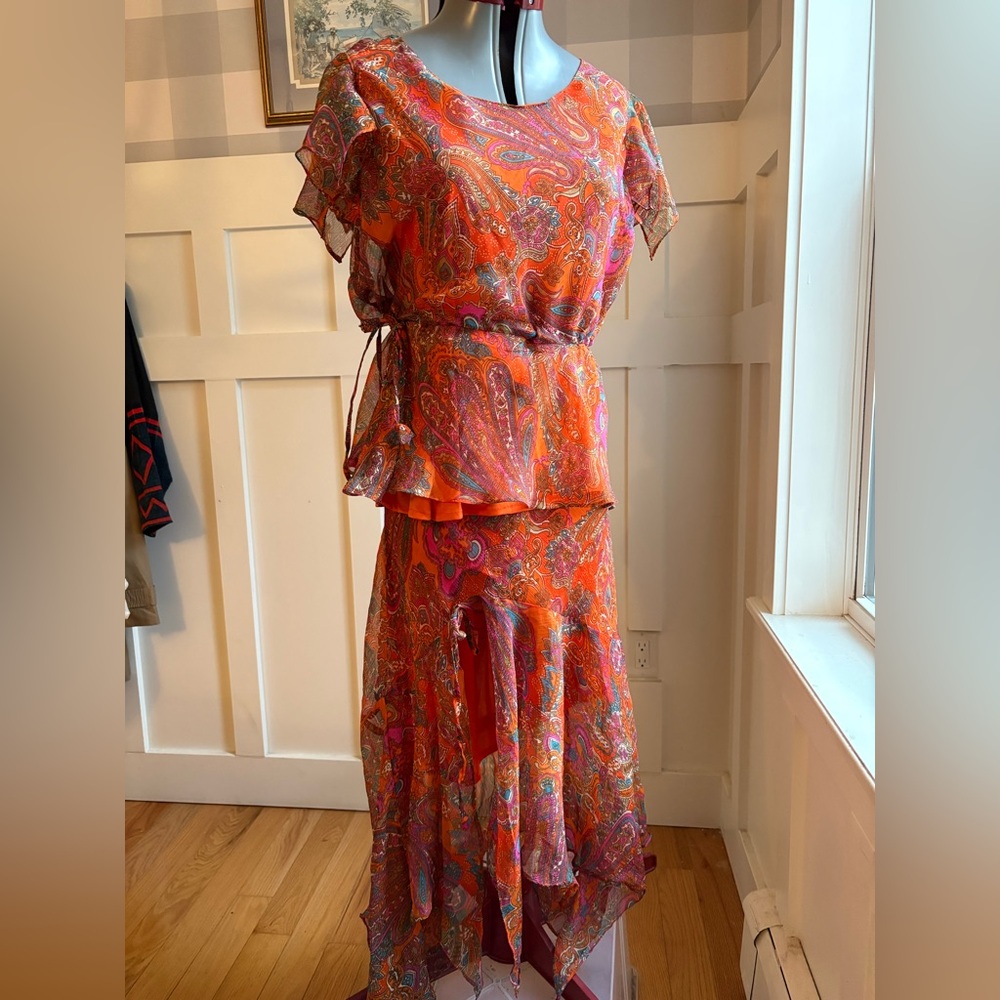 Vintage Vibrant Orange Paisley Tiered Chiffon Shirt and Skirt 1X